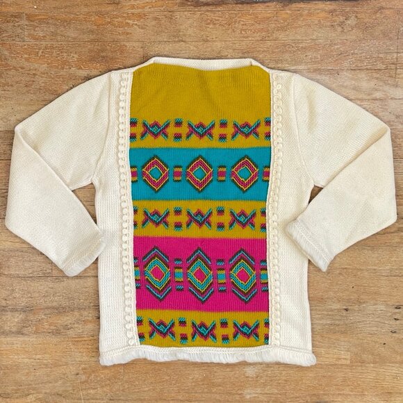 Vintage Sweaters - Vintage Embroidered Wool Sweater Size XS 1970s Knit Fringe Trim Southwestern